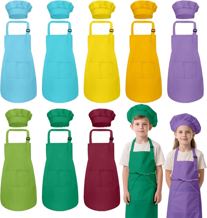 IAGBIBUI Kids Apron and Chef Hat Set, 16 Pieces Boys Girls Kids Apron with 2 Pockets Adjustable for Cooking Classroom Baking Painting, 6-13 Years, Bright Color - Image 1